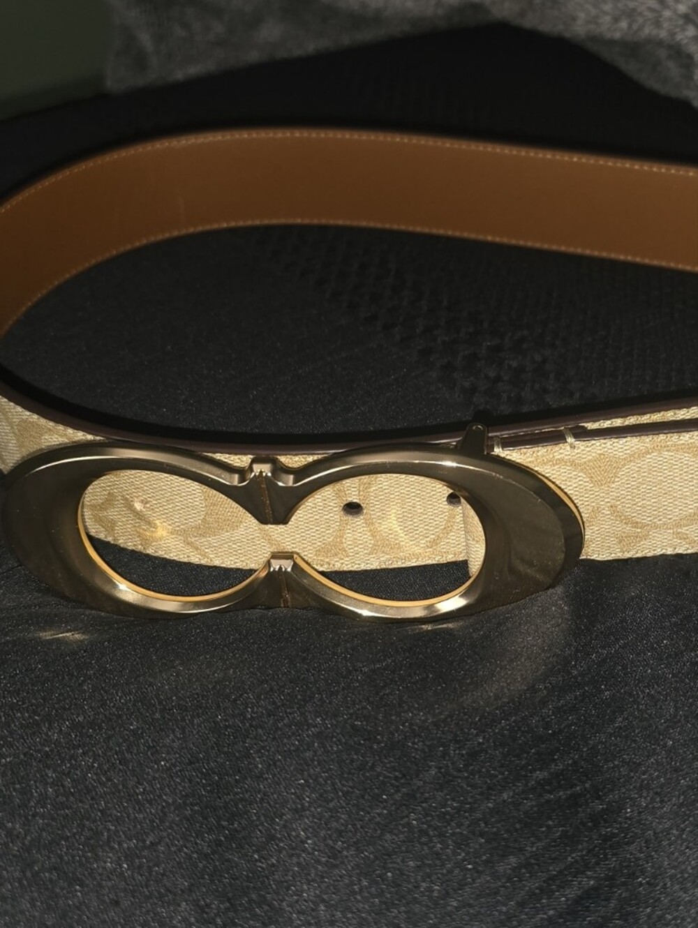 Coach Men's Signature Canvas Belt in Beige with Gold Buckle and Tan Trim